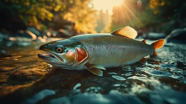 Close up of a trout fish resting on the rocks in a shallow stream with sunlight shining through video
