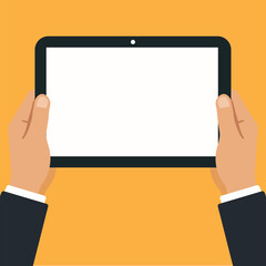 Two Hands Holding Tablet Horizontally with Blank Screen.