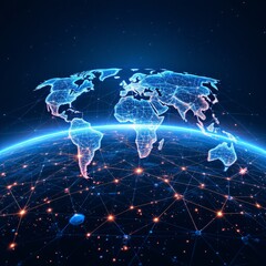 Digital mesh network with world map and glowing circuits