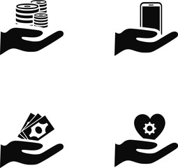 Hand Holding Money Phone and Heart Gear Icons. Financial Digital Care Concepts.