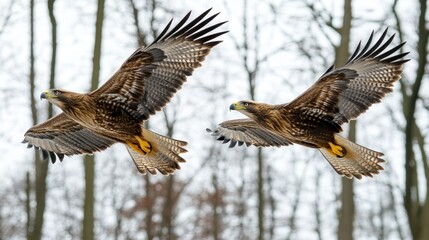 Fototapeta premium Two eagles in flight against snowy trees