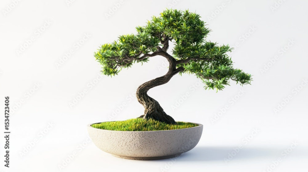 Poster 3d render of a small artificial bonsai tree in pot on white background