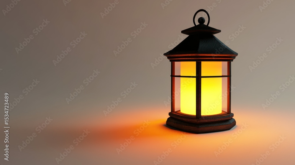 Poster 3d render of a small lantern with flickering led on white background