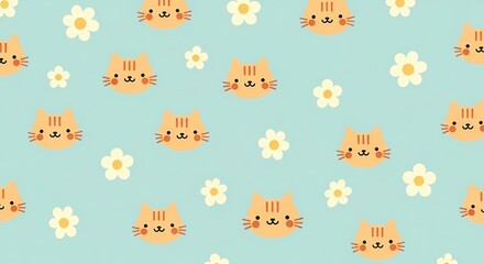 Fototapeta premium Cute Orange Cat Face and White Daisy Seamless Pattern on Light Blue Background. Adorable Kitten and Floral Illustration for Kids Design.
