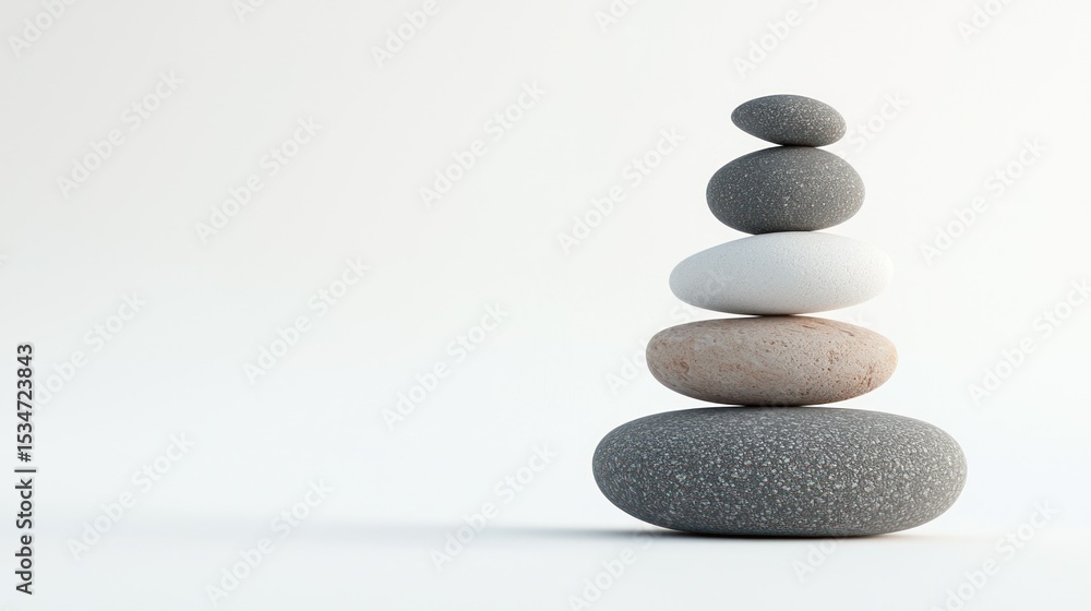 Poster 3d render of a smooth pebble tower with balance concept on white background