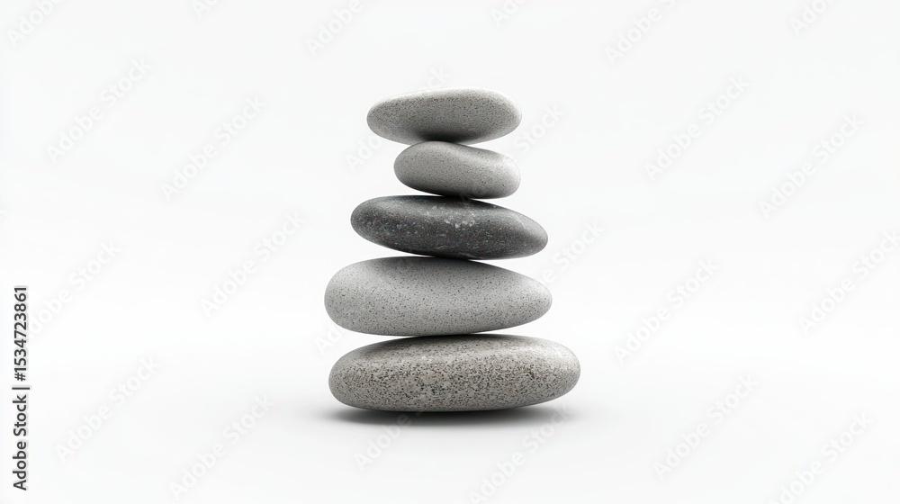 Poster 3d render of a smooth pebble tower with balance concept on white background