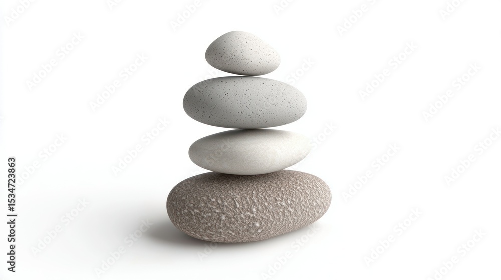 Poster 3d render of a smooth pebble tower with balance concept on white background