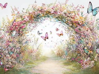 Enchanted Floral Archway with Butterflies in a Whimsical Watercolor Scene