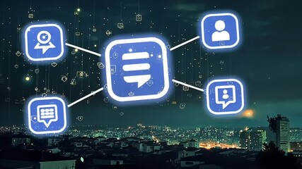 Digital communication icons overlaying a cityscape at night, symbolizing connectivity and technology - Powered by Adobe