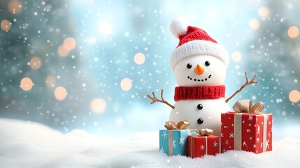 Fototapeta premium Adorable snowman in Santa hat with Christmas gifts, snowy winter scene. Perfect for holiday cards and festive designs.