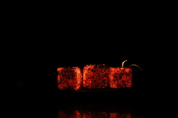 Glowing coals with glitch style lighting, enriched by noise, effect and grain details, create a...