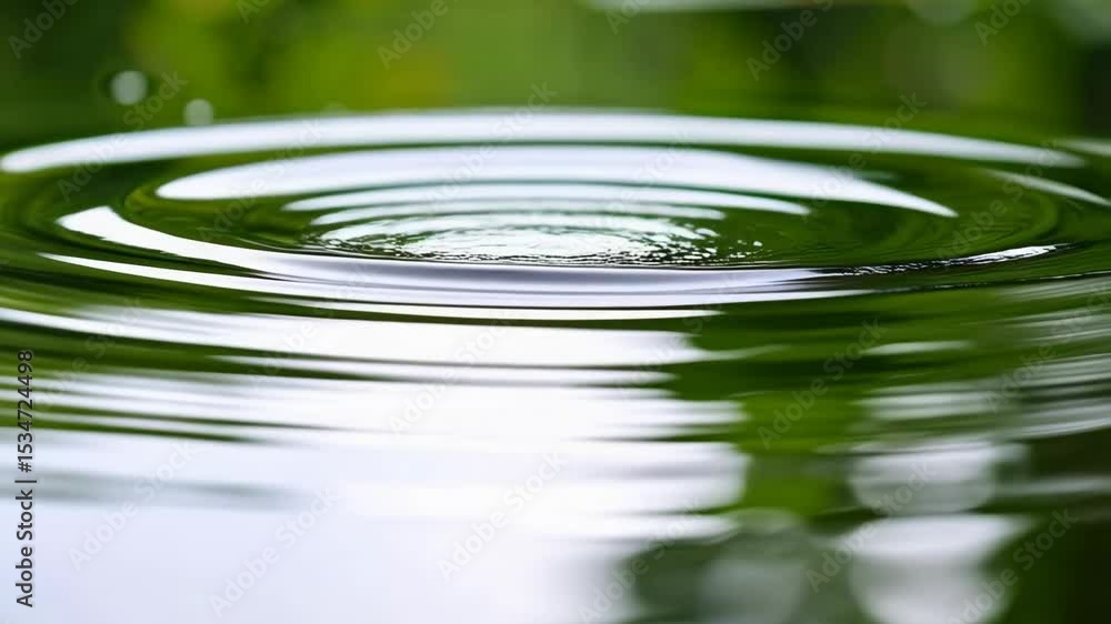 Poster circular ripples expand across the tranquil surface of a pond reflecting lush green vegetation and c