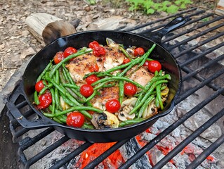 Cast iron skillet with seasoned chicken and vegetables on a grill.