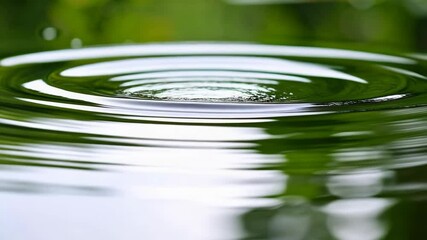 Circular ripples expand across the tranquil surface of a pond reflecting lush green vegetation and creating a calming effect. - Powered by Adobe