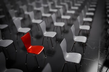 Unique Red Chair Among Identical Gray Seats &ndash; Concept of Individuality. 3D render