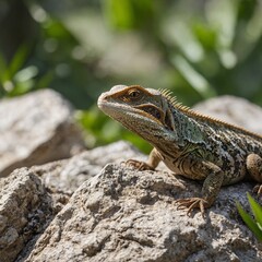 Obraz premium A jungle lizard sunbathing on a rock, white background