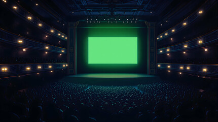 Large Theater Stage with Green Screen in Dark Auditorium with Audience Silhouettes
