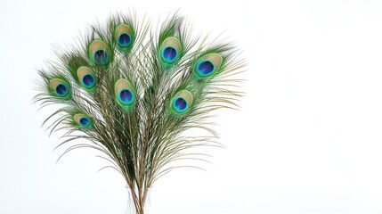 Obraz premium 3D render of a tabletop peacock feather arrangement in vase on white background