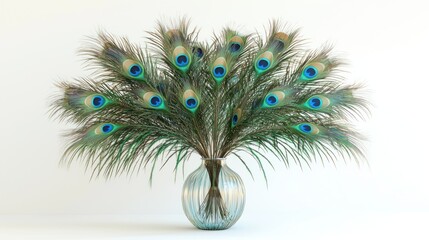 Obraz premium 3D render of a tabletop peacock feather arrangement in vase on white background