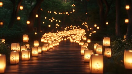 Luminous lantern path through a mystical forest at night