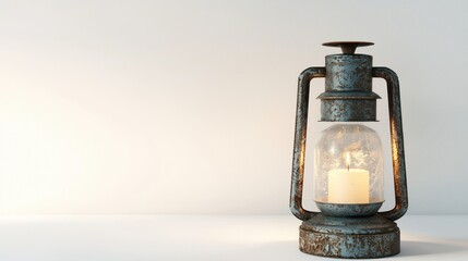 3D render of a tabletop vintage lantern with candle on white background