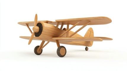 3D render of a tabletop wooden airplane model on white background