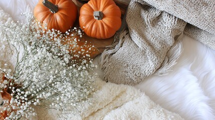 Autumnal decor with pumpkins and flowers.