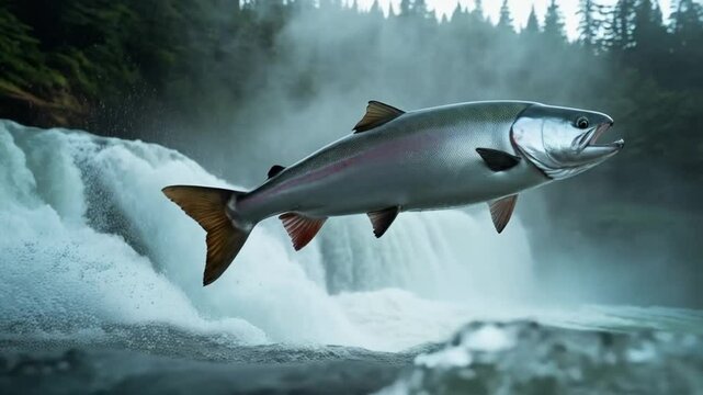 Salmon leaping upstream in front of a waterfall with trees in the background scenery view video