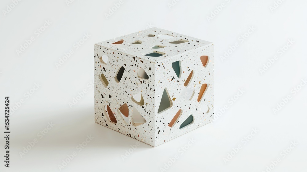 Poster 3d render of a terrazzo cube with geometric cutouts on white background