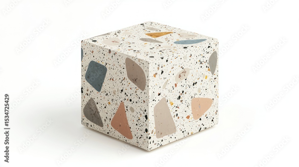 Poster 3d render of a terrazzo cube with geometric cutouts on white background