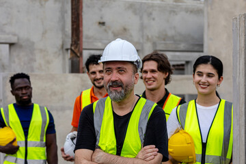 Group of engineers from different cultures stands behind his senior supervisor to support his leadership in a construction factory. Cultural dynamic and social inclusion in an industrial professional