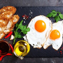 Fried eggs with toasted bread and herbs.