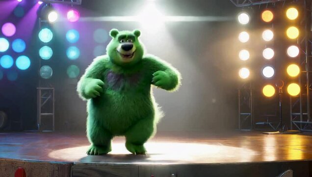 A fluffy 3D emerald green bear dances joyfully on stage, moving its paws and tail to the rhythm. It spins, winks at the camera, and hops side to side. Bright stage lights in the background