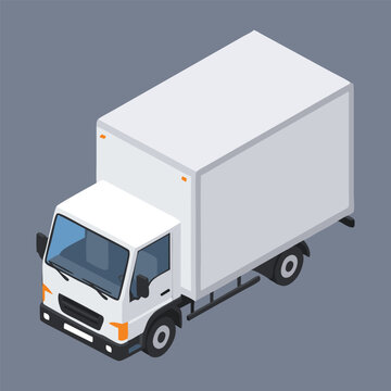 An isometric illustration of a white cargo truck, perfect for logistics, shipping, e-coomerce, transportation, or delivery service concepts.