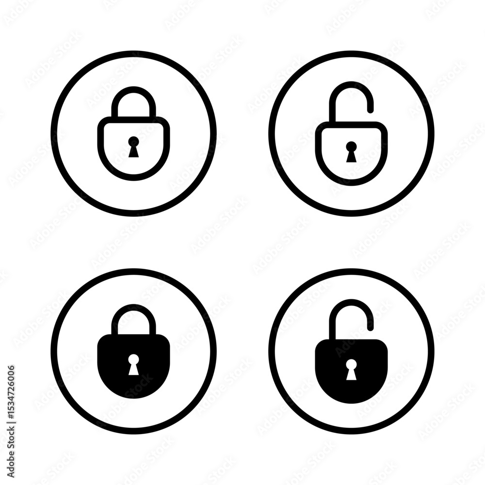 Poster lock and unlock padlock icon set on circle line. data encryption sign symbol