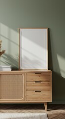 Wood Frame Mockup on Rattan Sideboard in Green Room