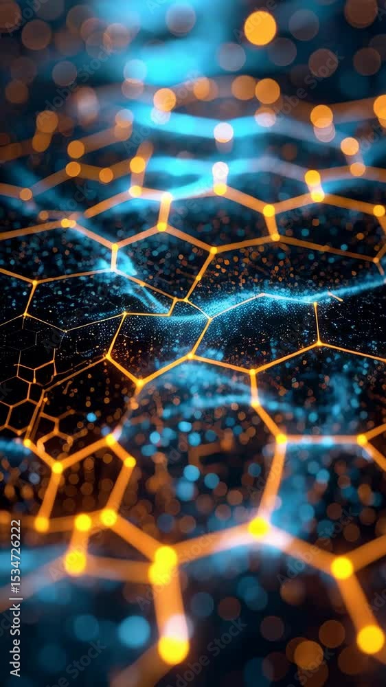 Poster energetic technology backdrop displaying interconnected orange hexagons and bokeh in shades of blue 