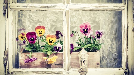 Colorful pansies in a wooden window box.