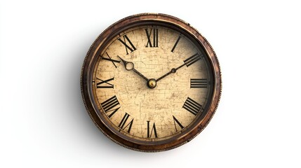 3D render of a vintage wall clock with roman numerals on white background