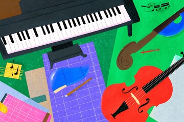 Colorful musical instruments arranged on a surface.