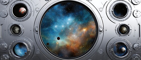 Futuristic spaceship porthole displaying a nebula.