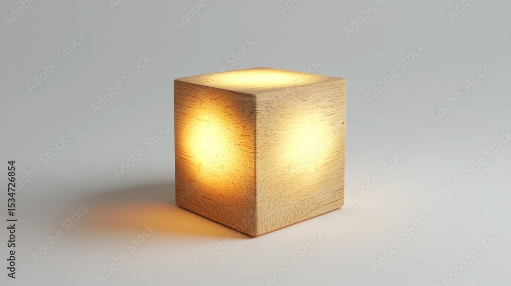 Poster 3d render of a wooden cube lamp with soft glow on white background