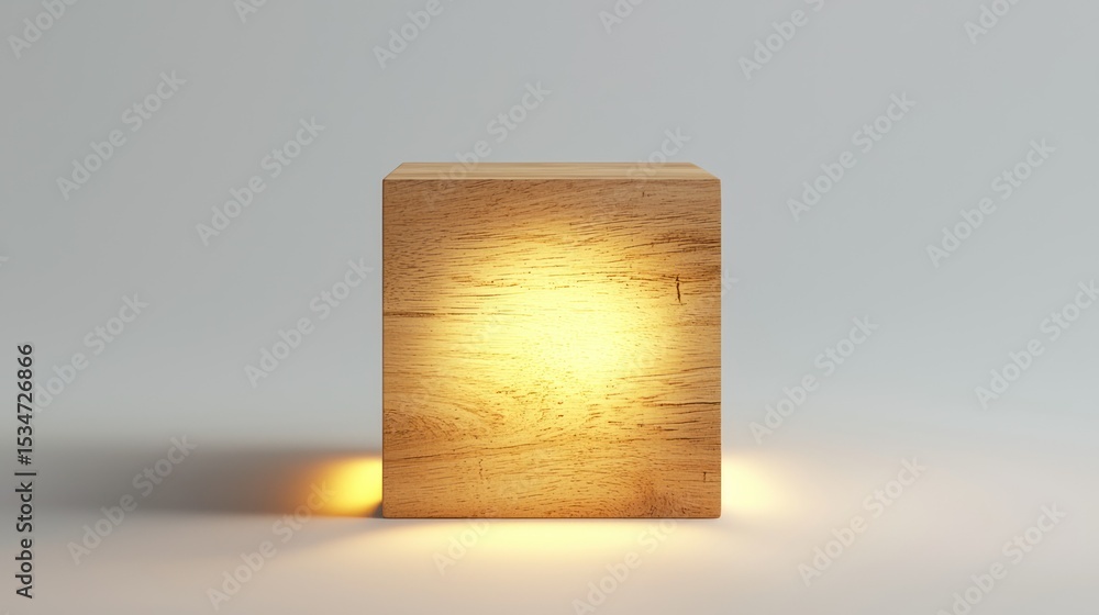 Aufkleber 3d render of a wooden cube lamp with soft glow on white background