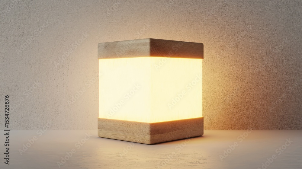Poster 3d render of a wooden cube lamp with soft glow on white background