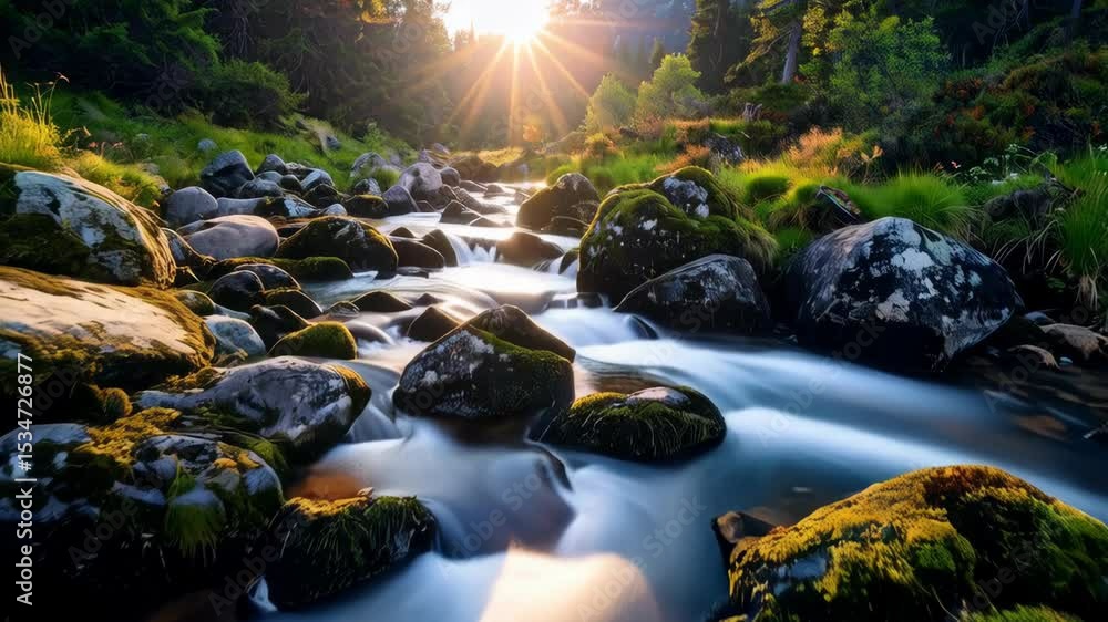 Poster sunlight filters through trees above a flowing stream with mossy rocks in a serene forest landscape,