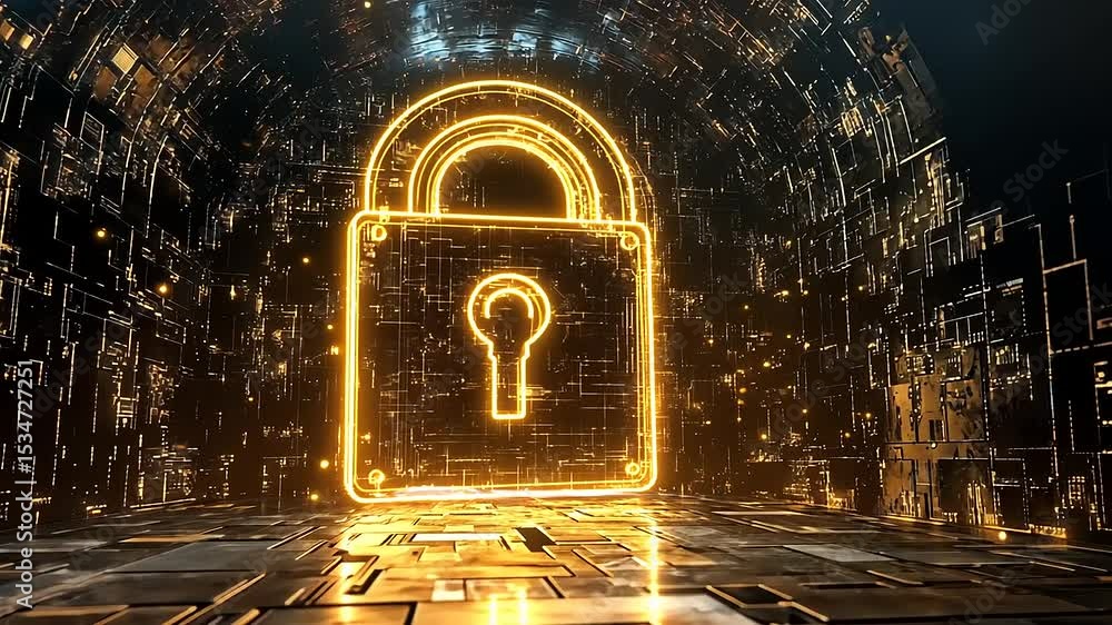 Poster golden padlock glowing in a futuristic digital tunnel with abstract patterns and lights