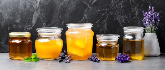 Honey jars of various colors arranged on a dark surface.
