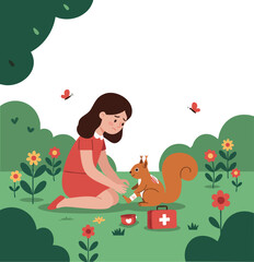 Fototapeta premium Girl feeding squirrel in garden surrounded by flowers and butterflies vector illustration 