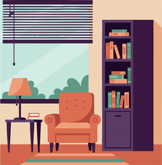 Cozy living room interior with orange armchair and purple bookshelf vector illustration 