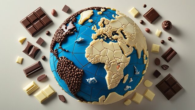 Flat lay of the globe outlined or formed using various types of chocolate (dark, milk, white)